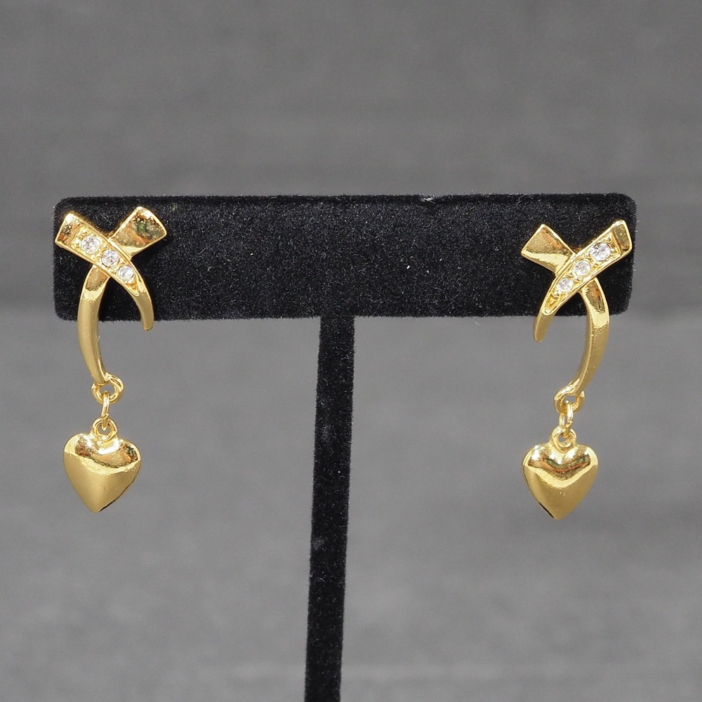 Avon Heart Kisses Earrings 1994 Gold Tone X Bow Rhinestone Dangle Vintage Love
